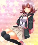  backpack bag black_legwear danganronpa flipped_hair hair_ornament hairclip hood hoodie mary_janes nanami_chiaki neon_ui pink_eyes pink_footwear pink_hair pleated_skirt red_string ribbon school_uniform shoes sitting skirt smile solo string super_danganronpa_2 thighhighs 