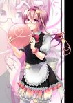  alternate_costume animal_ears apron bad_id bad_pixiv_id bespectacled blush bow bowtie bunny_ears garter_straps glasses hairband heart highres kemonomimi_mode komeiji_satori looking_at_viewer pink_eyes pink_hair red-framed_eyewear shirako_sei short_hair smile solo thighhighs third_eye touhou tray waist_apron waitress white_legwear wrist_cuffs zoom_layer 