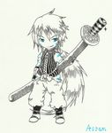  assan assan_(mirage_noir) blue_eyes chibi japanese_clothes katana male male_focus mirage_noir monochrome sword weapon 