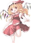  ascot blonde_hair bobby_socks emudoru eyelashes flandre_scarlet hat hat_ribbon leg_up long_hair looking_at_viewer mob_cap open_mouth puffy_short_sleeves puffy_sleeves red_eyes ribbon short_sleeves side_ponytail simple_background skirt skirt_set socks solo touhou white_background wings 