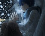  bad_id bad_pixiv_id blue_eyes blue_hair breath kaito male_focus night scarf sitting snowing solo vocaloid yamakawa_umi 