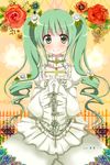  aoba_mina artist_name bad_id bad_pixiv_id dress flower gloves green_eyes green_hair hair_flower hair_ornament hands_clasped hatsune_miku long_hair looking_at_viewer own_hands_together rose smile solo twintails vocaloid 