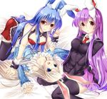  :d animal_ears bare_shoulders black_legwear blonde_hair blue_eyes blue_hair breasts bunny_ears bunny_tail detached_collar elin_(tera) flat_chest kurousagi_(mondaiji) long_hair lying mondaiji-tachi_ga_isekai_kara_kuru_sou_desu_yo? multiple_girls necktie on_back open_mouth purple_hair red_eyes red_neckwear reisen_udongein_inaba sesield skirt smile tail tera_online thighhighs touhou trait_connection wrist_cuffs 