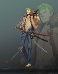  1boy andrew_hou character_name full_body green_hair male male_focus one_piece open_clothes open_shirt roronoa_zoro sandals scar sheath sheathed shirt solo sword weapon zoom_layer 