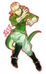  blonde_hair blue_eyes boots claws diego_brando gloves green_shirt hat inuheri jojo_no_kimyou_na_bouken male_focus scary_monsters_(stand) shirt solo spurs stand_(jojo) steel_ball_run sweater tail turtleneck 