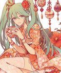  ball bracelet camellia flower green_eyes green_hair hair_flower hair_ornament hatsune_miku japanese_clothes jewelry kouhaku_nawa long_hair magatama nail_polish necklace red_nails shivue skirt solo tassel temari_ball thighhighs twintails vocaloid 