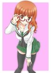  adjusting_eyewear bangs black_legwear blouse blunt_bangs cowboy_shot girls_und_panzer glasses green_skirt kyoukya_(kyouya02) leaning_forward long_hair long_sleeves miniskirt neckerchief ooarai_school_uniform orange_eyes orange_hair pink_background pleated_skirt red-framed_eyewear school_uniform semi-rimless_eyewear serafuku skirt smile solo standing takebe_saori thighhighs under-rim_eyewear white_blouse 