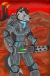  ace_stryker anthro armor brown_eyes brown_hair canine cigarette ear_piercing facial_hair glowing gun hair male mammal piercing ranged_weapon scar sci-fi smoking soldier standing weapon wolf 