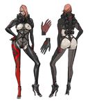 ass bodysuit breasts concept_art contrapposto cyborg dark_skin eyeshadow hair_over_one_eye hand_on_hip high_heels large_breasts lips makeup metal_gear_(series) metal_gear_rising:_revengeance mistral_(metal_gear_rising) multiple_views pink_hair shoes skin_tight standing turnaround 