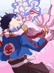  1girl armlet blue_hair bracelet couple falling flower hair_flower hair_ornament hetero hug jewelry multicolored_hair nia_teppelin pino1213 simon tegaki tengen_toppa_gurren_lagann two-tone_hair younger 