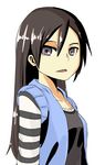  1girl artist_request artist_requests black_eyes black_hair bust character_request female haigyo long_hair looking_at_viewer parted_lips shirt simple_background sleeveless sleeveless_shirt solo striped upper_body vest white_background 