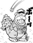  ball baseball_(ball) black_and_white catchers_mitt claws glove grass hat japanese_text monochrome nintendo open_mouth pok&#233;mon pok&eacute;mon shell slowbro slowpoke solo teeth text tongue tooth translation_request unknown_artist video_games 