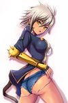  ass blazblue blazblue:_chronophantasma breasts bullet_(blazblue) dark_skin denim denim_shorts fingerless_gloves gauntlets gloves large_breasts masa_tarou scar short_hair short_shorts shorts silver_hair solo yellow_eyes 