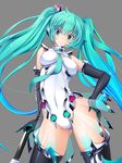  aqua_eyes aqua_hair breasts closed_umbrella covered_nipples elbow_gloves gloves goodsmile_company goodsmile_racing gradient_hair green_eyes green_hair hand_on_hip hatsune_miku headset highres leotard long_hair medium_breasts multicolored_hair necktie planted_umbrella race_queen racing_miku racing_miku_(2013) solo thighhighs torisan twintails umbrella very_long_hair vocaloid 