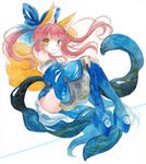  animal_ears bad_id bad_pixiv_id bare_shoulders blue_legwear bow clog_sandals detached_sleeves fate/extra fate_(series) fina_(sa47rin5) fox_ears fox_tail hair_bow hair_ribbon japanese_clothes open_mouth pink_hair ribbon smile solo tail tamamo_(fate)_(all) tamamo_no_mae_(fate) thighhighs traditional_media twintails watercolor_(medium) yellow_eyes 