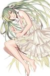  barefoot dress feet full_body green_eyes green_hair hair_ribbon hatsune_miku long_hair looking_at_viewer lying on_side open_mouth ribbon sentoiro simple_background solo twintails very_long_hair vocaloid white_background 