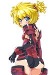  :o alternate_color altines ass back bangs blonde_hair blue_eyes blush breasts busou_shinki character_name clothes_writing cowboy_shot dd_(ijigendd) doll_joints elbow_gloves from_behind gloves leotard looking_at_viewer looking_back open_mouth red_leotard scrunchie short_hair short_twintails simple_background small_breasts solo spiked_hair thigh_gap thighhighs twintails white_background 