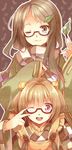  ;3 ;d apron bell brown_eyes brown_hair fingernails futatsuiwa_mamizou futatsuiwa_mamizou_(human) glasses leaf long_hair motoori_kosuzu multiple_girls one_eye_closed open_mouth red_eyes scarf semi-rimless_eyewear sharp_fingernails short_hair smile touhou under-rim_eyewear v_over_eye yetworldview_kaze 