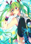  39 aqua_eyes bad_id bad_pixiv_id bubble_blowing dated green_hair hair_ribbon hatsune_miku long_hair necktie ribbon sitting sleeveless solo thighhighs twintails very_long_hair vocaloid you_chi27 