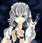  :d bad_id bad_pixiv_id blue_eyes izayoi_sakuya knife looking_at_viewer maid_headdress open_mouth puffy_short_sleeves puffy_sleeves rikkido short_hair short_sleeves silver_hair smile solo touhou upper_body watch wrist_cuffs 