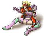  1boy 1girl agunimon armor blonde_hair boots breasts cleavage clenched_teeth defeated digimon digimon_frontier fairymon gloves large_breasts navel pain purple_hair restrained tears teeth thighs uujiteki-33 wrestling 