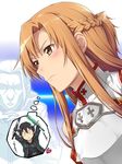 1girl :&lt; asuna_(sao) blush braid breastplate brown_eyes brown_hair chibi closed_mouth dual_wielding gendou_pose half_updo hands_clasped heart heathcliff holding kirito komase_(jkp423) long_hair own_hands_together sword sword_art_online thought_bubble v-shaped_eyebrows weapon 