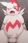  chubby fur half looking_at_viewer male markings nekokagebevil nintendo penis pok&#233;mon pok&eacute;mon precum red_eyes red_markings solo uncut video_games white_fur zangoose 