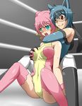  1boy 1girl 2girls animal_ears aqua_eyes asphyxiation audino blue_hair blush breast_grab breasts choking defeated empty_eyes fighting grabbing groping hairband large_breasts lucario multiple_girls navel open_mouth pain personification pink_hair pokemon red_eyes ryona spread_legs submission sweat tears unconscious uujiteki-33 wrestling wrestling_outfit wrestling_ring 