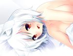  :d animal_ears bad_id bad_pixiv_id bed_sheet blush breasts collarbone fang highres inubashiri_momiji large_breasts looking_at_viewer lying nude open_mouth red_eyes short_hair smile solo takeno_koko touhou white_hair wolf_ears 