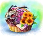  bow claws flower in_container kog'maw league_of_legends mizoreame monster no_humans open_mouth red_eyes ribbon solo sunflower 