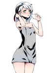  1boy androgynous bare_shoulders blush bottle demon_boy dus_(8482) green_eyes highres horns multicolored_hair naked_towel open_mouth original red_hair short_hair simple_background slit_pupils standing towel trap white_background white_hair 