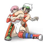  1boy 1girl akane_(pokemon) black_hair breasts chokehold cleavage clenched_teeth fighting gloves gym_leader hairband large_breasts multicolored_hair navel pain pokemon ruby_(pokemon) shoes sneakers submission sweat tears teeth thighs two-tone_hair uujiteki-33 white_hair wrestling wrestling_outfit 