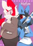  fur grey_eyes lucario male markings nekokagebevil nintendo pok&#233;mon pok&eacute;mon red_eyes red_markings video_games white_fur zangoose 