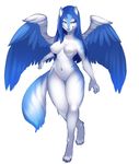  blue_eyes blue_hair breasts canine claws digitigrade female hair kanel mammal nipples nude plain_background solo standing tala_(suntattoowolf) toes white_background wings wolf 