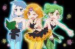  bare_shoulders bishoujo_senshi_sailor_moon black_background blue_choker blue_eyes blue_legwear book breasts choker cleavage double_bun green_eyes green_hair green_legwear hat hyadain_no_kakakata_kataomoi_-_c kiraki medium_breasts mimete_(sailor_moon) multiple_girls nichijou one_eye_closed orange_eyes orange_hair pantyhose parody short_hair skirt smile star tellu_(sailor_moon) viluy_(sailor_moon) white_hair witches_5 yellow_legwear 