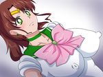  bishoujo_senshi_sailor_moon bow bowtie breasts brown_hair choker earrings erect_nipples green_eyes highres huge_breasts jewelry kino_makoto long_hair mitsuki_no_nanoka ponytail sailor_jupiter simple_background standing 