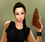  backpack bad_id bad_pixiv_id bag black_hair blue_eyes braid bread food kei_roku lara_croft lips long_hair single_braid smile solo tomb_raider upper_body wristband 