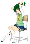  adjusting_hair arms_up chair crossed_legs full_body green_eyes green_hair mattaku_mousuke midorikawa_nao mouth_hold nanairogaoka_middle_school_uniform precure ribbon school_uniform shoes simple_background sitting sleeves_rolled_up smile_precure! socks solo sweater_vest uwabaki vest white_background yellow_ribbon 