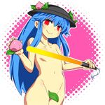  blue_hair censored collarbone convenient_censoring flat_chest food fruit gomi_ichigo hat highres hinanawi_tenshi holding long_hair navel nude peach red_eyes smile solo sword_of_hisou touhou weapon 