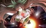  arm_cannon bad_id bad_pixiv_id black_legwear bow brown_hair cape cockadooodledoo hair_bow long_hair mismatched_footwear red_eyes reiuji_utsuho skirt smile solo space thighhighs third_eye touhou weapon wings 