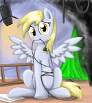  amber_eyes blonde_hair cord curtains derpy_hooves_(mlp) equine female feral friendship_is_magic fur grey_fur hair hi_res horse ladder light looking_at_viewer mammal mouth_hold my_little_pony otakuap paper pegasus pony sitting smoke solo studio wings 