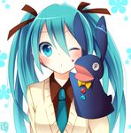  aqua_eyes aqua_hair blush goma_(11zihisin) hand_puppet hatsune_miku long_hair necktie one_eye_closed puppet solo twintails vocaloid 