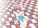  animal_ears bad_id bad_pixiv_id bare_legs bow bowtie breasts bunny_ears bunnysuit card checkered checkered_floor cleavage deisui large_breasts pink_eyes pink_hair saigyouji_yuyuko short_hair sitting smile socks touhou wrist_cuffs 