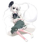  barefoot blue_eyes grune hair_ribbon hands_clasped konpaku_youmu konpaku_youmu_(ghost) looking_at_viewer own_hands_together ribbon short_hair sitting solo thighhighs touhou white_hair 