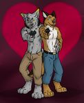 aggrobadger anthro canine coyote duo feline gay gun hand_holding hearts looking_at_viewer lynx male mammal ranged_weapon topless weapon 