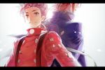  back-to-back backlighting brown_eyes brown_hair fujiazuki kratos_aurion letterboxed lloyd_irving male_focus multiple_boys red_shirt shirt tales_of_(series) tales_of_symphonia white_background 