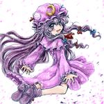  bow crescent dress from_behind hat long_hair looking_back nanashii_(soregasisan) open_mouth patchouli_knowledge purple_eyes purple_hair ribbon solo touhou 