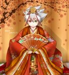  blazblue crossdressing fan green_eyes haori heterochromia japanese_clothes kimono male_focus ragna_the_bloodedge red_eyes silver_hair solo yuinya_(chicken5536) 