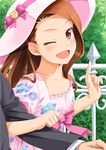  1girl ;d arm_holding blush brown_hair dress floral_print hairband hat idolmaster idolmaster_(classic) long_hair minase_iori miri_(ago550421) one_eye_closed open_mouth petals pink_dress red_eyes ribbon smile sun_hat 