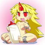  baby_bottle barefoot blonde_hair bottle breasts fang feet gomi_ichigo highres horn hoshiguma_yuugi large_breasts long_hair nude open_mouth oversized_object red_eyes sitting soles solo toes touhou 